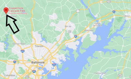 Map showing the location of Coppermine Cascade Park near Baltimore, Maryland, with nearby roads and landmarks.