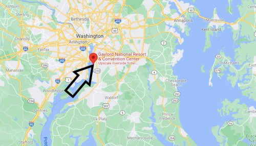 Map showing the location of Gaylord National Resort & Convention Center near Washington, D.C., with an arrow pointing to it.