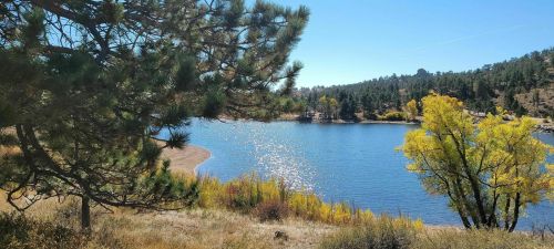 A serene lake surrounded by trees and colorful autumn foliage under a clear blue sky.
