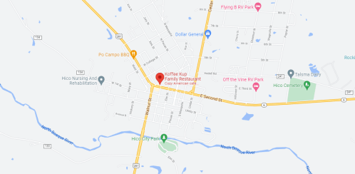 Map of Hico, Texas, showing streets, parks, and local businesses like Koffee Kup Family Restaurant and Dollar General.
