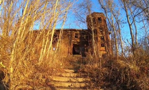 An old, abandoned building surrounded by overgrown vegetation and trees, with a clear blue sky in the background.