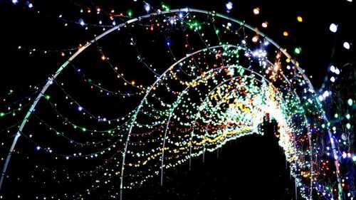 A colorful tunnel of twinkling lights against a dark background, creating a festive and enchanting atmosphere.