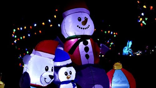 Colorful inflatable holiday decorations featuring a snowman, penguin, and panda, illuminated against a dark background.