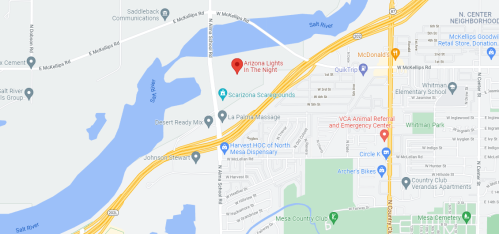 Map showing Arizona Lights in the Night location, near the Salt River and various nearby businesses and landmarks.