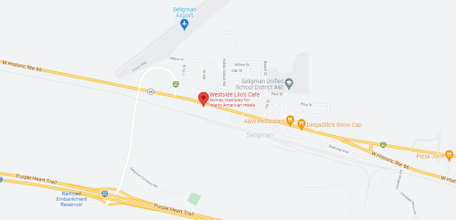 Map showing Westside Lilo's Café and nearby landmarks in Seligman, Arizona, including roads and local businesses.