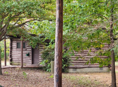 A rustic log cabin surrounded by trees and greenery, with a porch and a wooden post nearby.