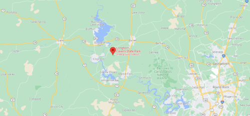 Map showing Longhorn Cavern State Park location in Texas, near the towns of Burnet and Kingsland.