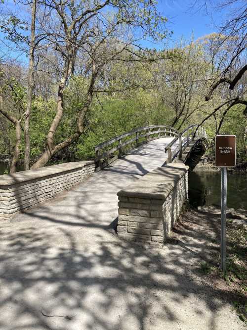 A wooden bridge over a small stream, surrounded by lush greenery and trees on a sunny day.