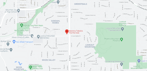 Map showing the location of Mammas Toledos The Pie Hole near Lookout Mountain and surrounding neighborhoods.