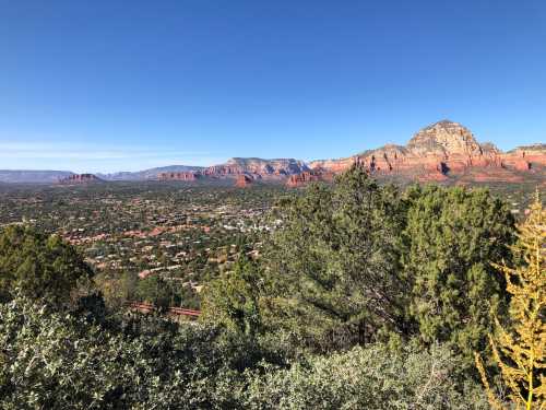 A panoramic view of Sedona, Arizona, featuring red rock formations and lush greenery under a clear blue sky.