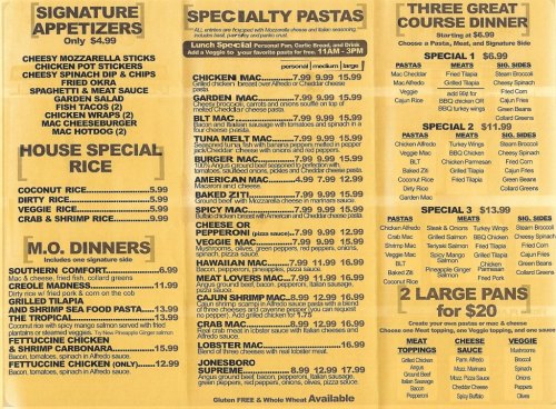 Menu featuring appetizers, specialty pastas, house special rice, M.O. dinners, and a three-course dinner section.