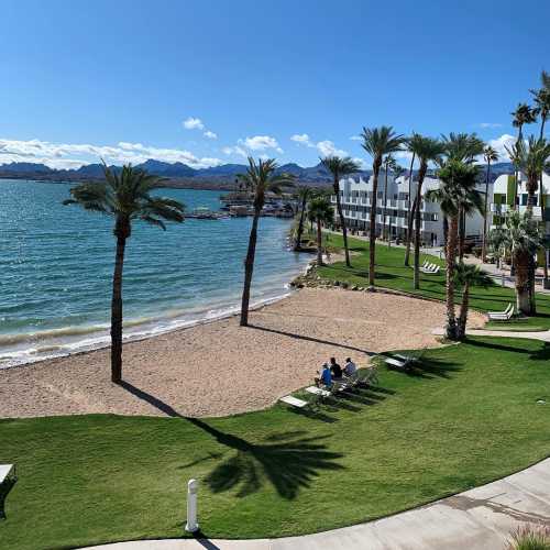 A sunny beach scene with palm trees, a sandy shore, and a calm lake, alongside a modern building.