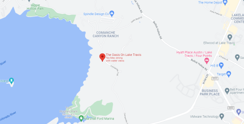 Map showing the location of The Oasis on Lake Travis, near water views and surrounding parks.