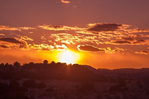 A vibrant sunset casts orange and yellow hues over a silhouette of hills and scattered trees against a cloudy sky.