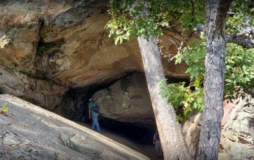 A person stands near the entrance of a large cave surrounded by trees and rocky terrain.