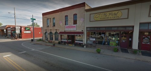 A street view of a small town featuring shops, including a flower store and an ice cream parlor.