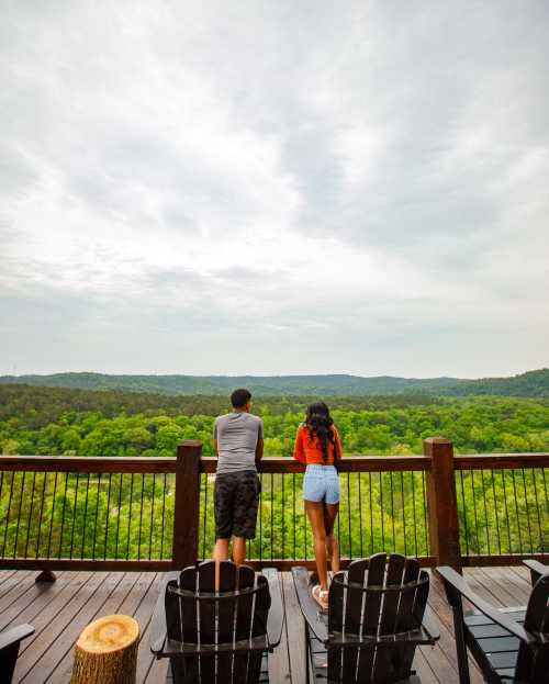 A man and woman stand on a deck, gazing at a lush green landscape under a cloudy sky.