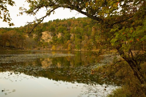 A serene lake surrounded by autumn foliage and trees, reflecting the colorful landscape on the water's surface.