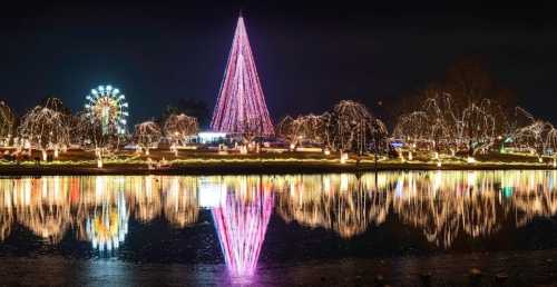 A brightly lit Christmas tree and festive decorations reflect in a calm lake at night, with a ferris wheel in the background.