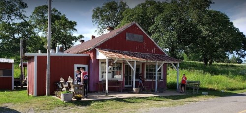 A rustic red building with a porch, surrounded by greenery, with people outside enjoying the scenery.