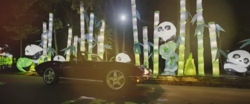 A dark car parked near illuminated bamboo and panda decorations at night.