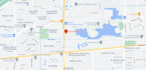 Map showing the area around Bostonian Pavilions in Houston, Texas, with nearby streets and landmarks.