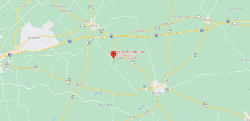 Map showing Palmetto State Park, located in Texas, with surrounding highways and towns.