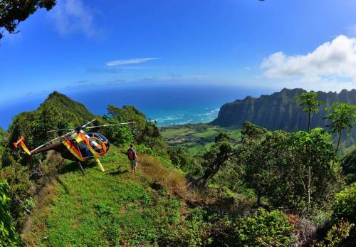 A colorful helicopter parked on a lush hillside overlooking a coastal landscape and ocean.