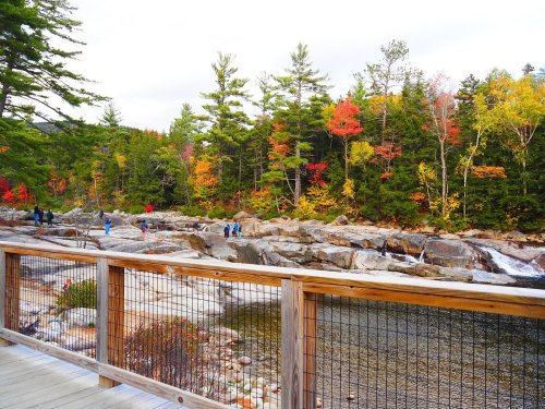 A scenic view of a river with colorful autumn trees and people walking along a wooden path.