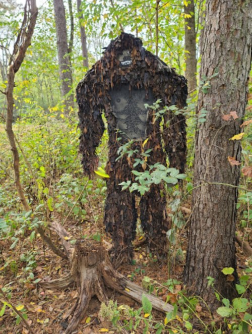 A figure camouflaged in leaves stands among trees in a forest, resembling a large, furry creature.