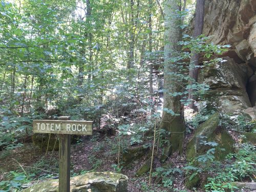 A wooden sign reading "Totem Rock" in a lush, green forest with trees and rocky formations in the background.