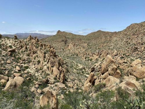 A rocky desert landscape with rugged hills and sparse vegetation under a clear blue sky.