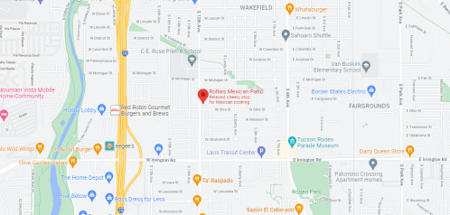Map showing the location of Rolles Mexican Patio and nearby landmarks in Tucson, Arizona.