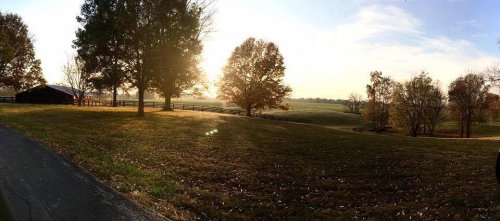 A serene landscape at sunset, featuring trees, a barn, and open fields bathed in warm golden light.