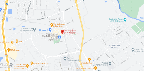 Map showing local businesses and schools, including Wunsche Bros. Café & Saloon and nearby landmarks.