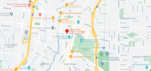 Map showing the location of Anchor Texas Kitchen & Cocktails in San Antonio, Texas, near various landmarks and streets.