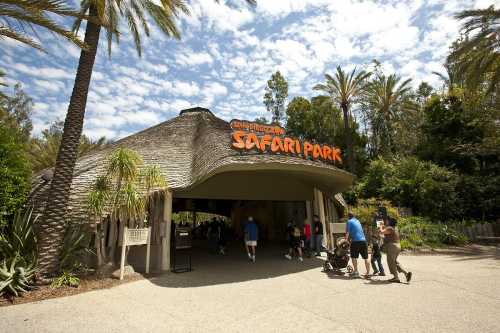 Entrance to Safari Park with a thatched roof, palm trees, and visitors walking in on a sunny day.