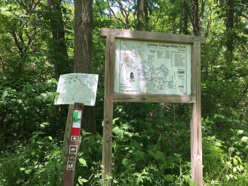 A wooden sign at Jubilee College State Park displays a map and trail information amidst lush greenery.