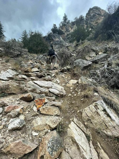 A person climbs a rocky, steep trail surrounded by sparse vegetation and rugged terrain under a cloudy sky.