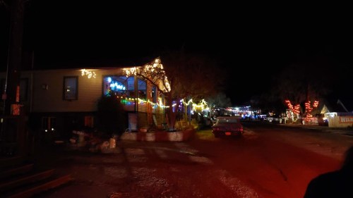 A festive street at night, lined with colorful holiday lights on houses and trees, creating a cheerful atmosphere.