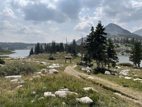 A scenic landscape featuring a lake, rocky terrain, and pine trees under a cloudy sky. A path leads through the greenery.