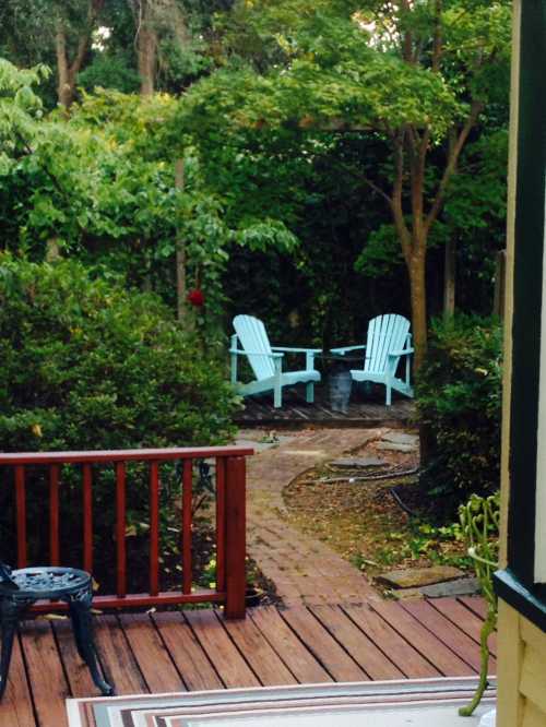 A serene garden scene featuring two light blue chairs surrounded by lush greenery and a winding path.