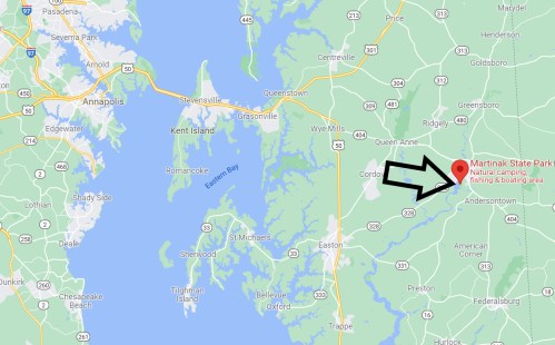 Map showing the location of Martinak State Park, highlighting natural camping, fishing, and boating areas.