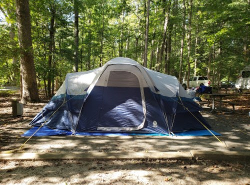 A large blue and white tent set up in a wooded campsite with trees in the background and a picnic table nearby.