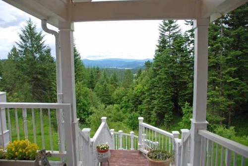 View from a porch overlooking lush green trees and distant mountains under a cloudy sky.