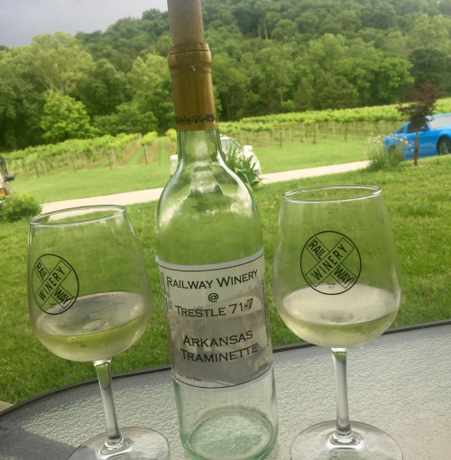 A bottle of Arkansas Traminette wine with two glasses, set against a vineyard backdrop.