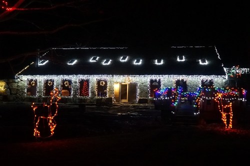 A house decorated with colorful Christmas lights, featuring illuminated reindeer in the foreground, set against a night sky.