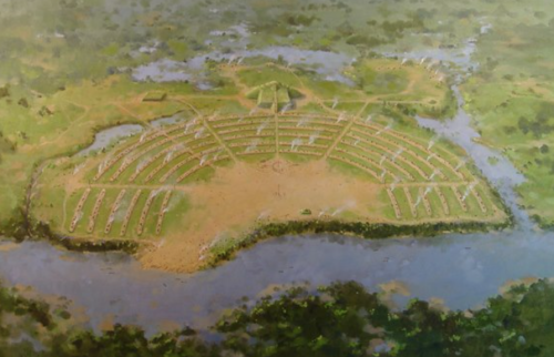 Aerial view of a circular archaeological site surrounded by water and greenery, featuring organized earthworks.