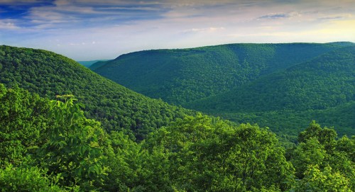 Lush green hills under a blue sky, with gentle slopes and a serene landscape.