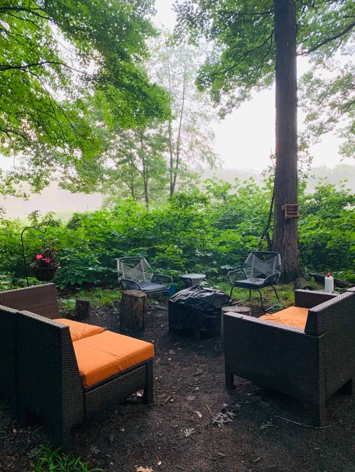Cozy outdoor seating area with orange cushions, surrounded by lush greenery and a misty background.